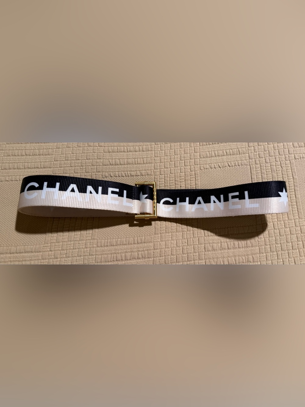 Chanel Authentic Black Ivory Nylon Adjustable Belt Gold Buckle EUC